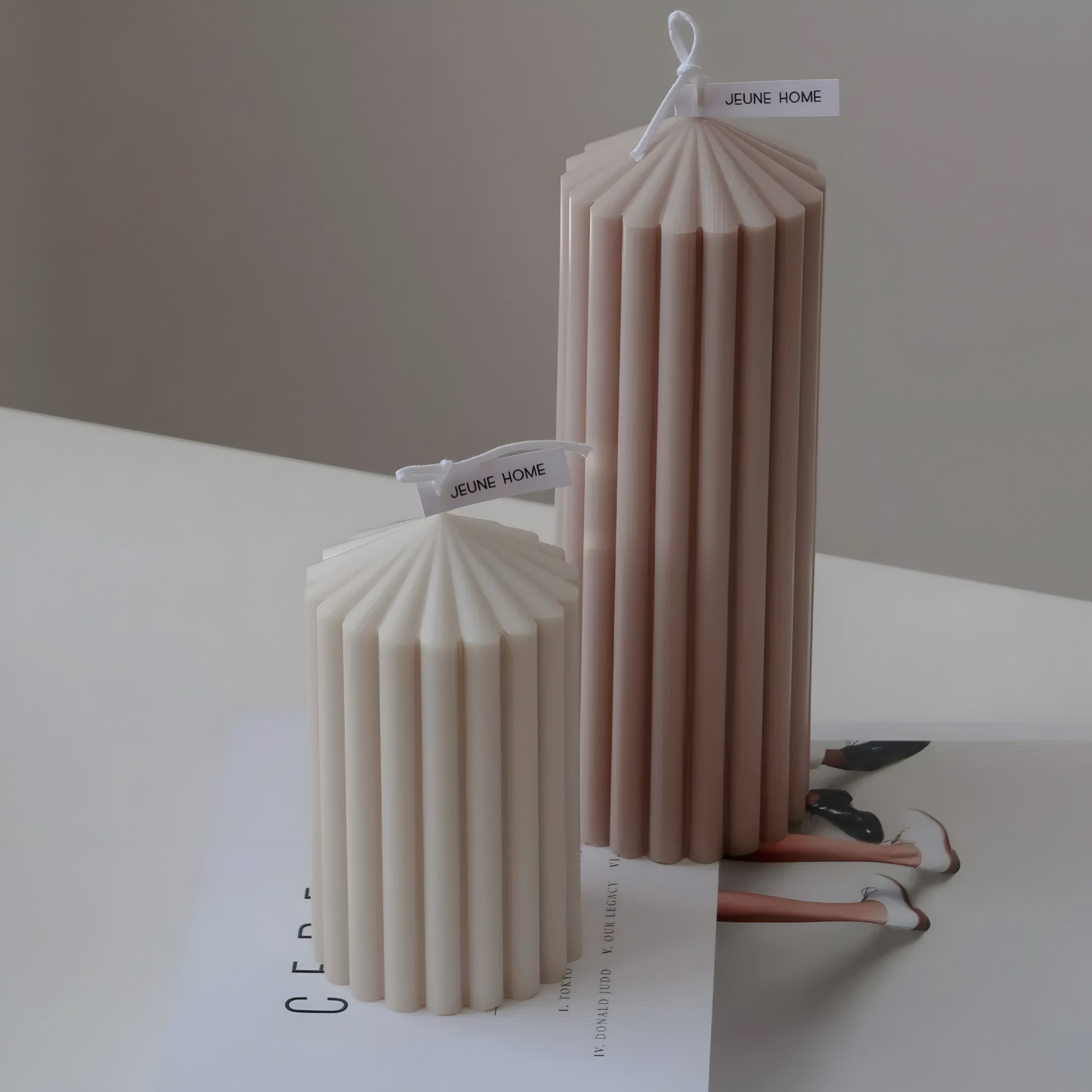 Taupe Tall Ribbed Thick Soy Scented Candle 20x7cm