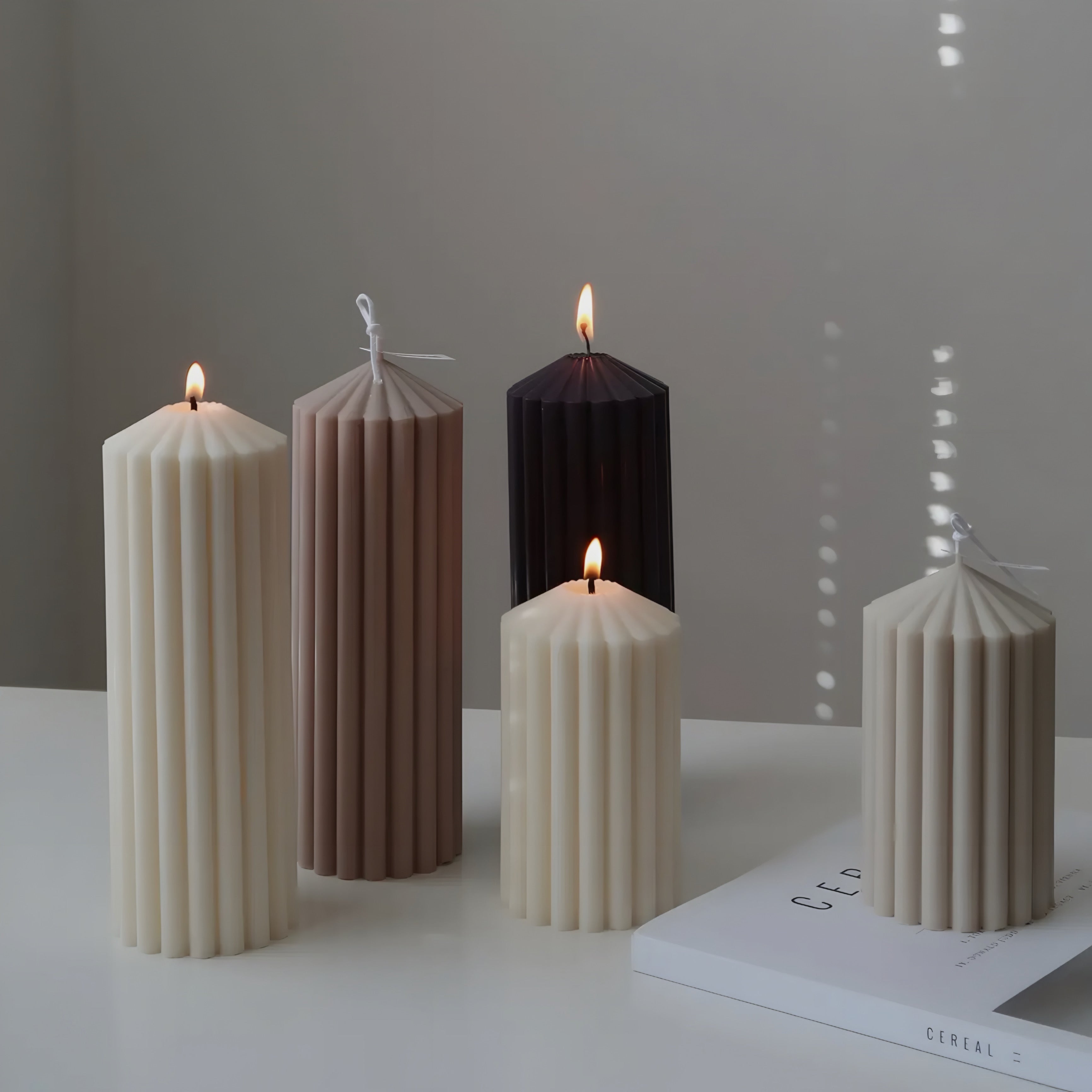 Taupe Tall Ribbed Thick Soy Scented Candle 20x7cm