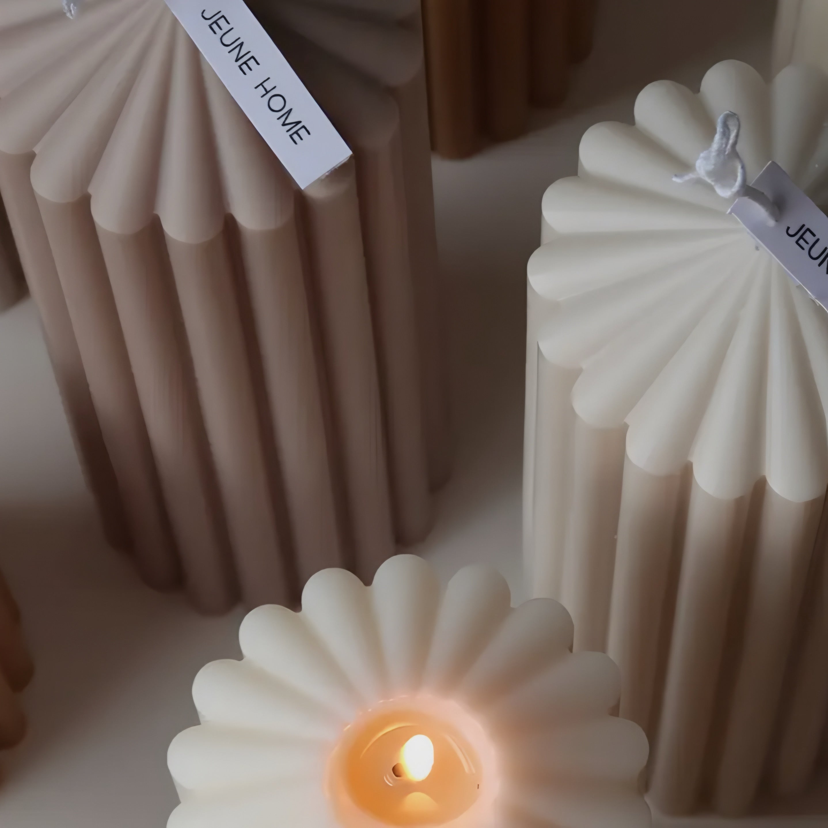 Beige Tall Ribbed Thick Soy Scented Candle 20x7cm