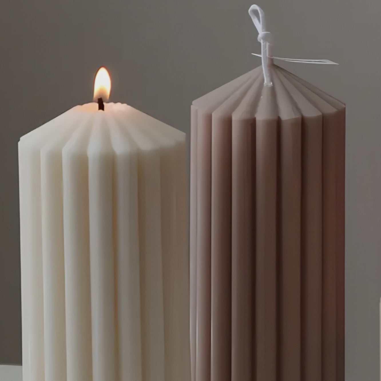 Taupe Tall Ribbed Thick Soy Scented Candle 20x7cm