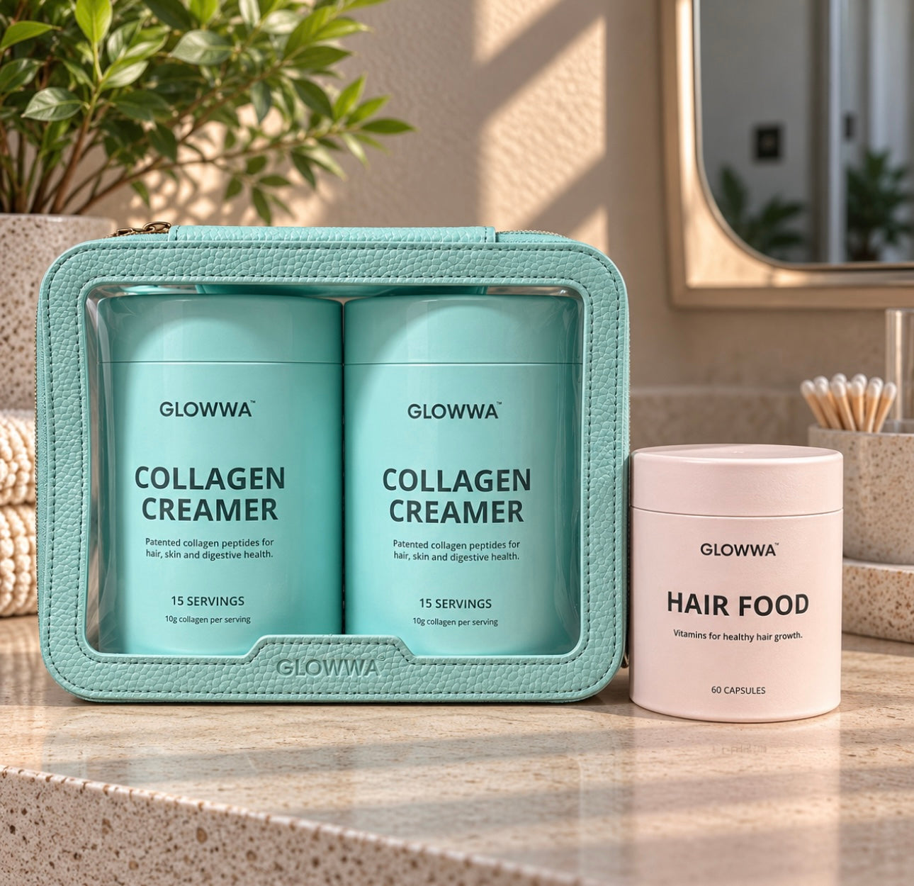 GLOWWA Hair Food & Collagen Set + FREE GLOWWA Bag Worth £110.97 | Set Price £95.97 | YOU SAVE £15 + FREE BAG