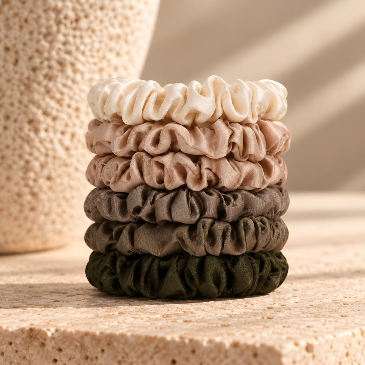 SMALL SATIN SCRUNCHIES - 
EARTH NEUTRALS