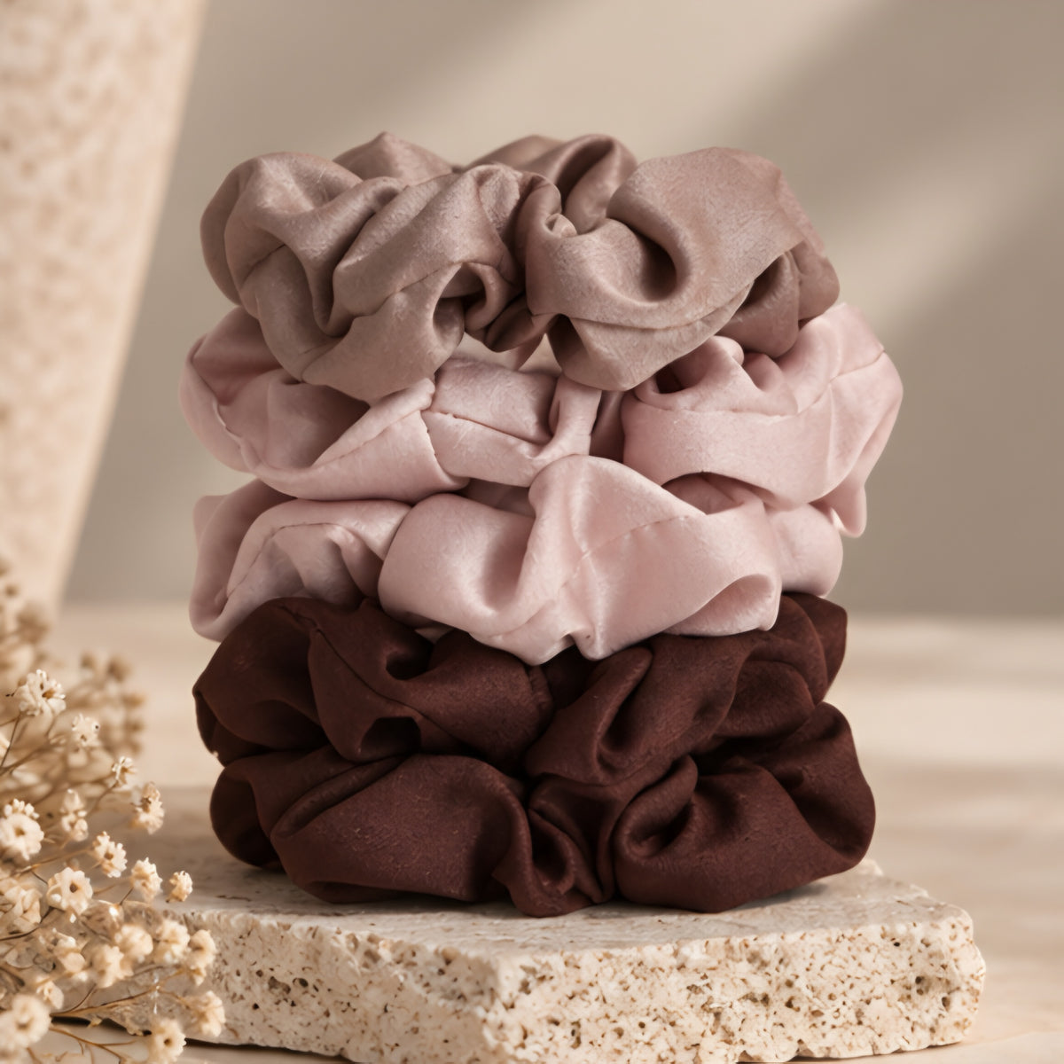 MEDIUM SATIN SCRUNCHIES - CHOCOLATE & NUDE X 5