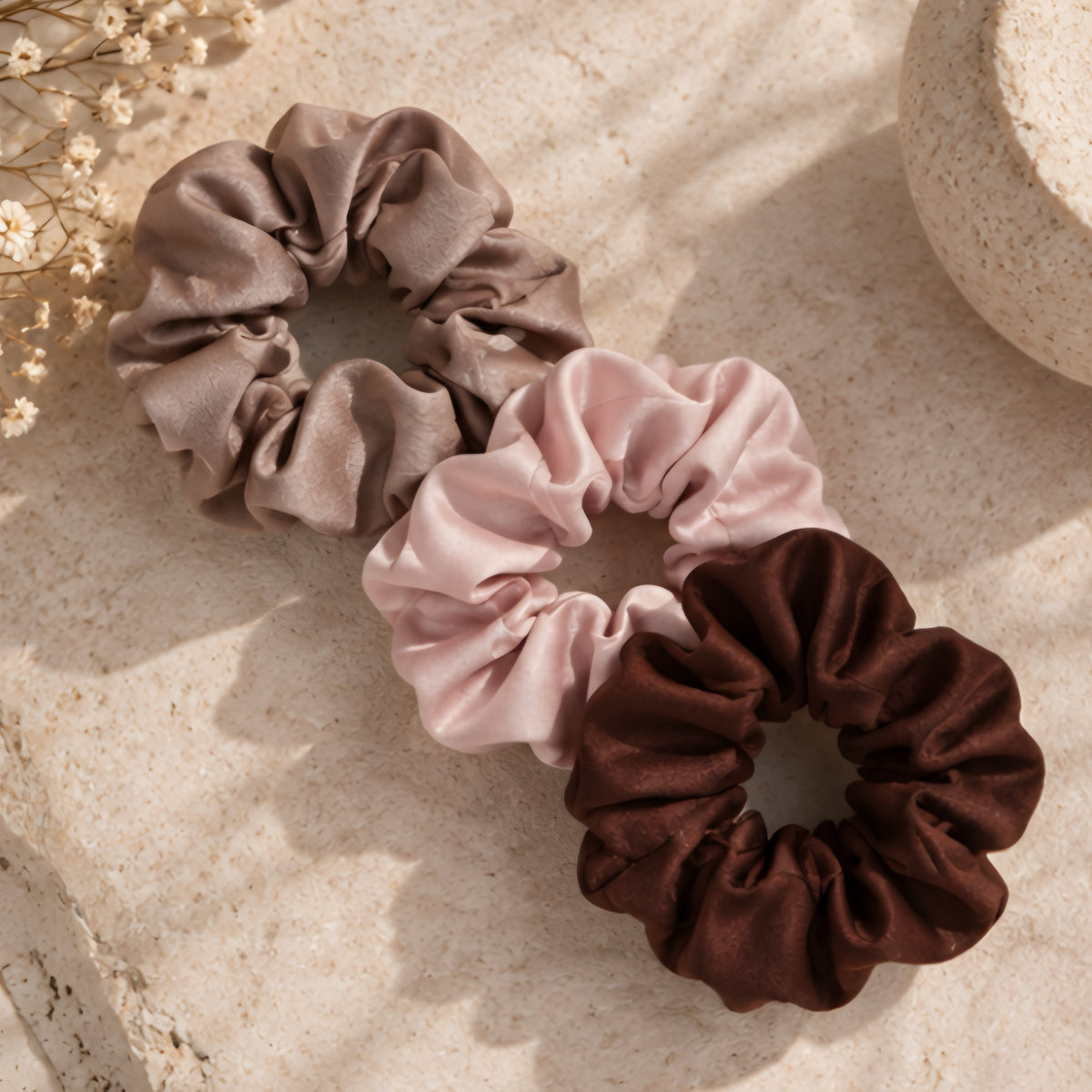 MEDIUM SATIN SCRUNCHIES - CHOCOLATE & NUDE X 5