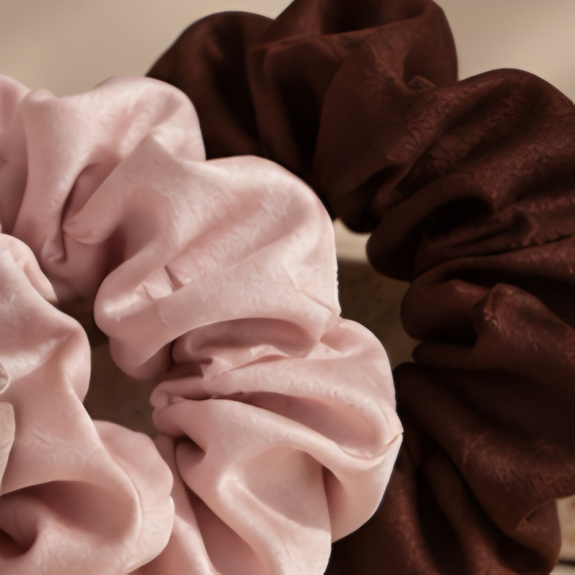 MEDIUM SATIN SCRUNCHIES - CHOCOLATE & NUDE X 5